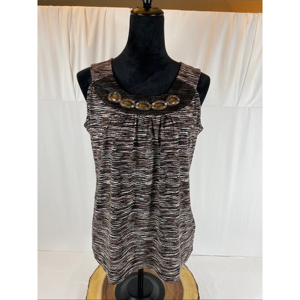Christopher & Banks PM Blouse Embellished Black White Abstract Sleeveless Petite